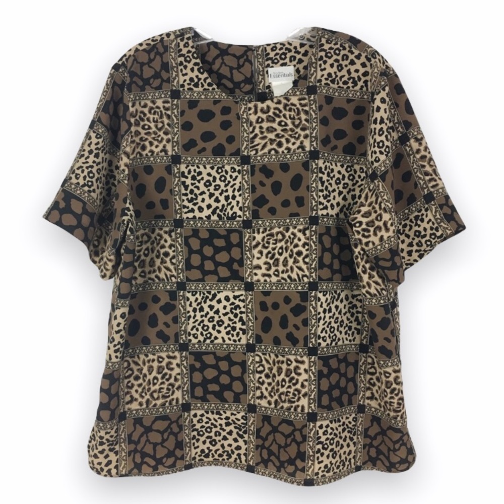 Vintage 80s 90s Modern Essentials Animal Print Black Brown Tan Blouse‎ Top Shirt